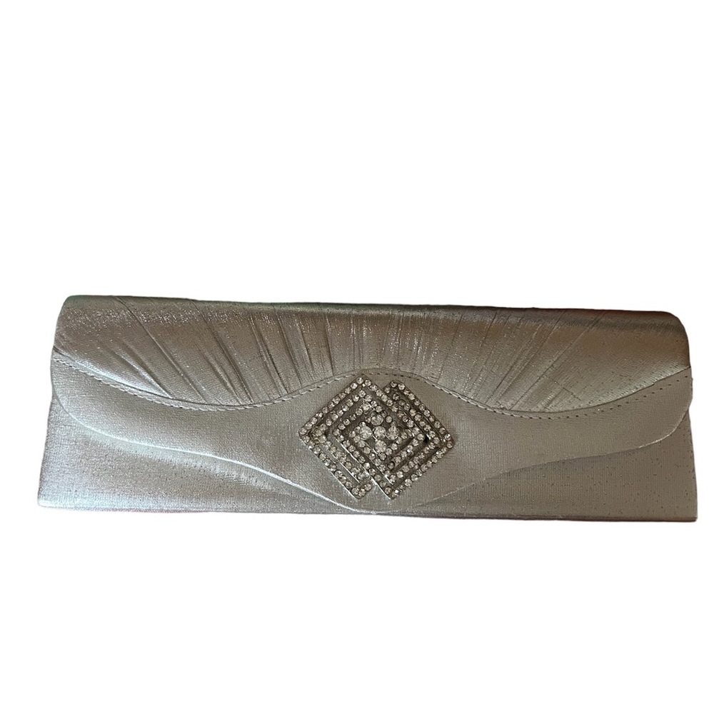 Silver Satin clutch with 2 detachable handles and rhinestone decor